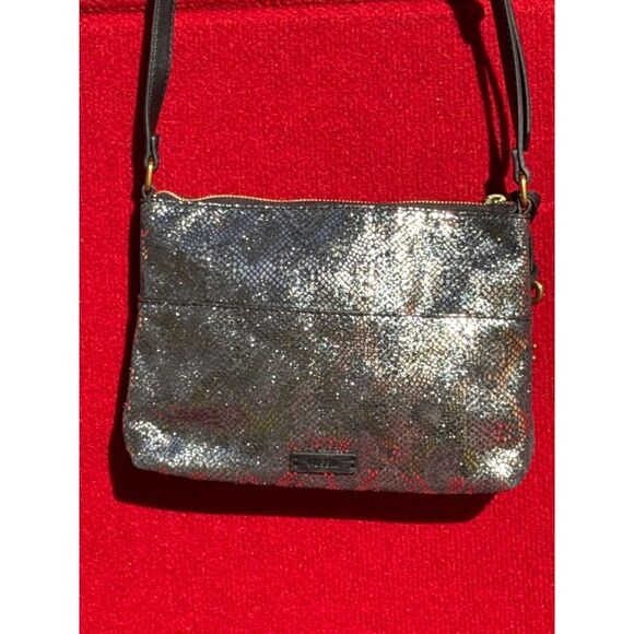 Fossil Metallic Crossbody Bag /purse With Snake Print Accents & Adjustable Strap - Picture 4 of 14